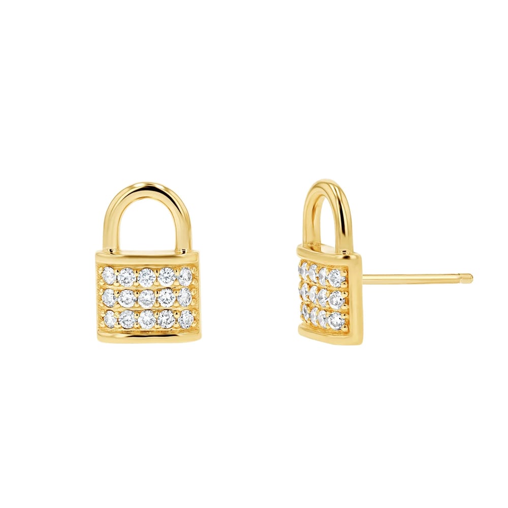 New Arrival 18k Gold Plated 925 Sterling Silver Love Padlock Diamond Pave Stud Earrings Stud Earrings