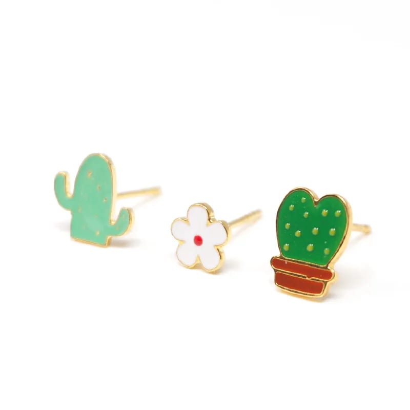 Fashion Mini Stud Earrings Gold Plated Colorful Enamel Cactus Flower Leaf Shape Stud Earrings For Women Jewelry Stud Earrings