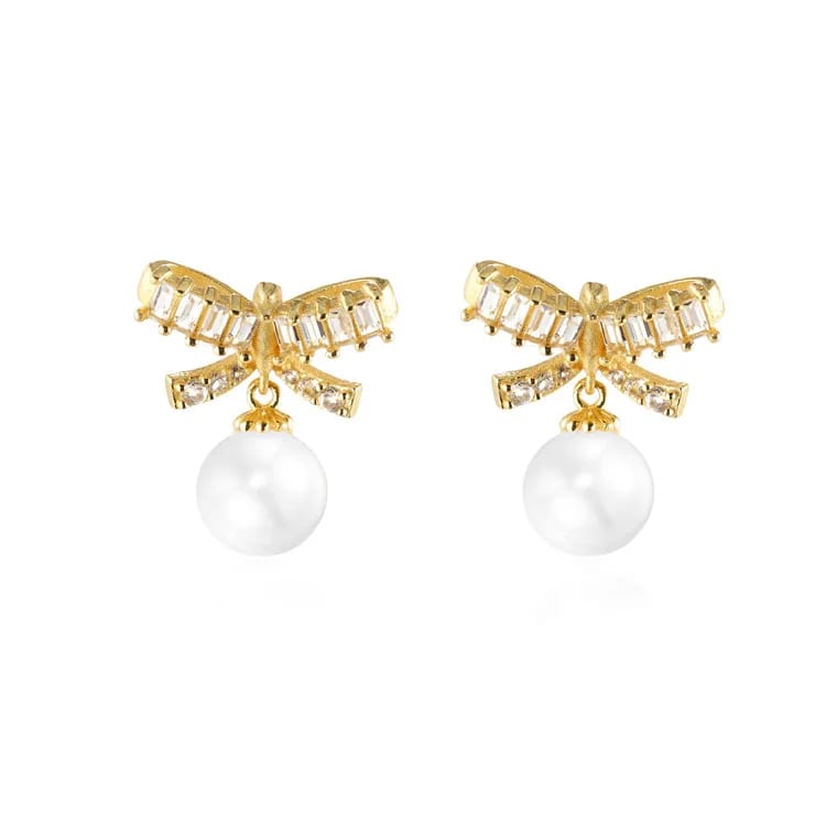 New Fashion Women’s Shiny Crystal Bowknot Pearl Drop Stud Earrings For Bridal Jewelry Stud Earrings