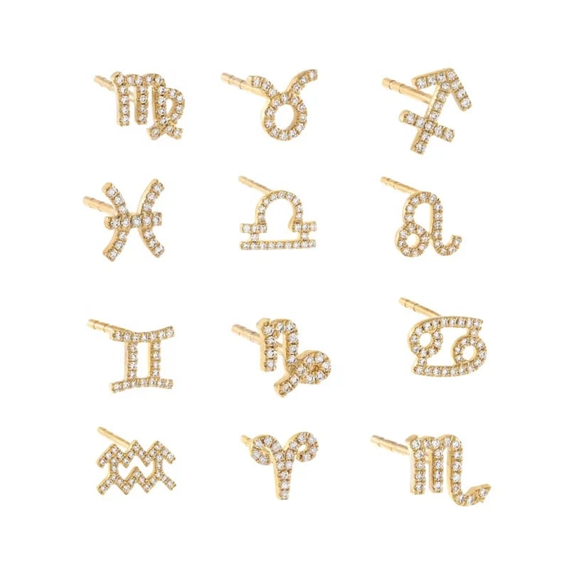 Fashion Zodiac Jewelry 925 Silver Gold Plated Cubic Zircon Horoscope Zodiac Sign Stud Earrings Stud Earrings