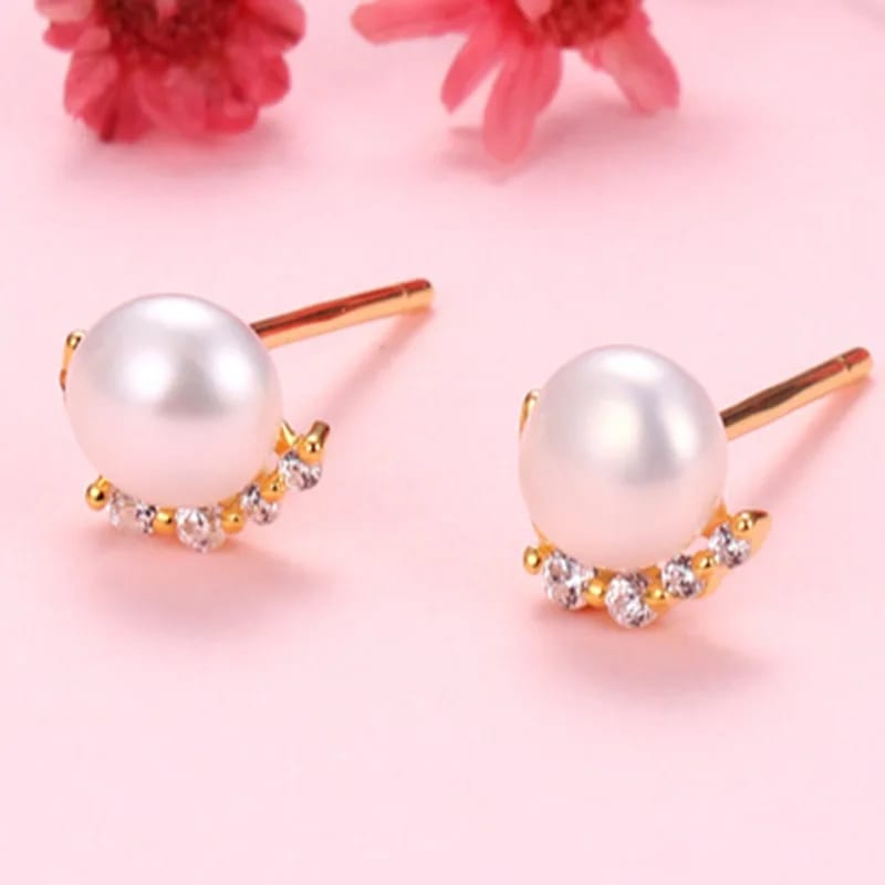 New Design Dainty Woman Large Stud Pearl Flower Earring Zircon 925 Sterling Silver For Women Stud Earrings
