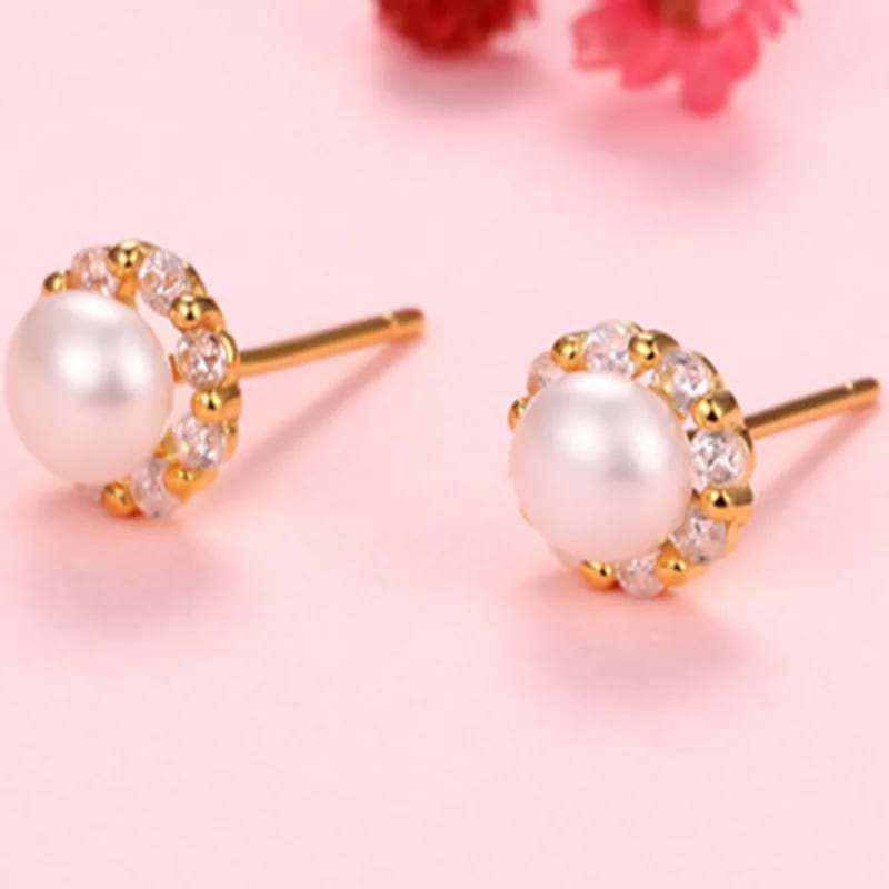 Classic S925 Sterling Silver 18k Real Gold Plated Zircon And Pearl Stud Earring Women Stud Earrings