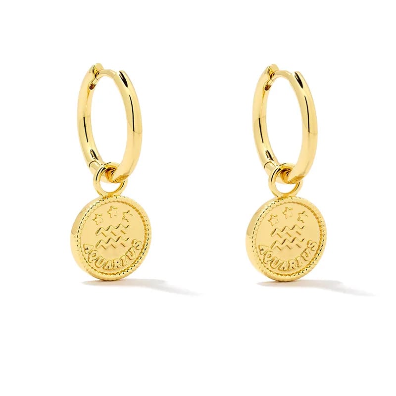 New Dainty 18k Gold Plated Textured Coin Pendant Huggies Zodiac Sign Hoop Earrings Hoop Earrings