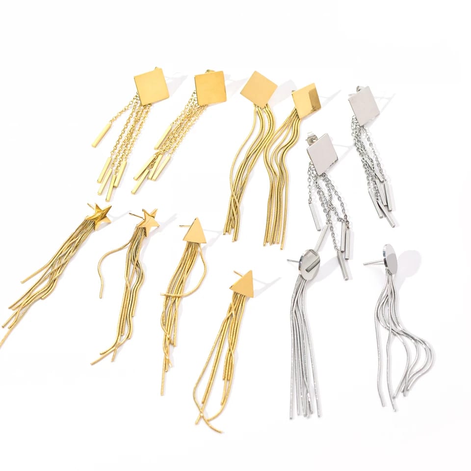 High Quality 18k Gold Plated Stainless Steel Long Tassel Chain Earrings Hoop Earrings