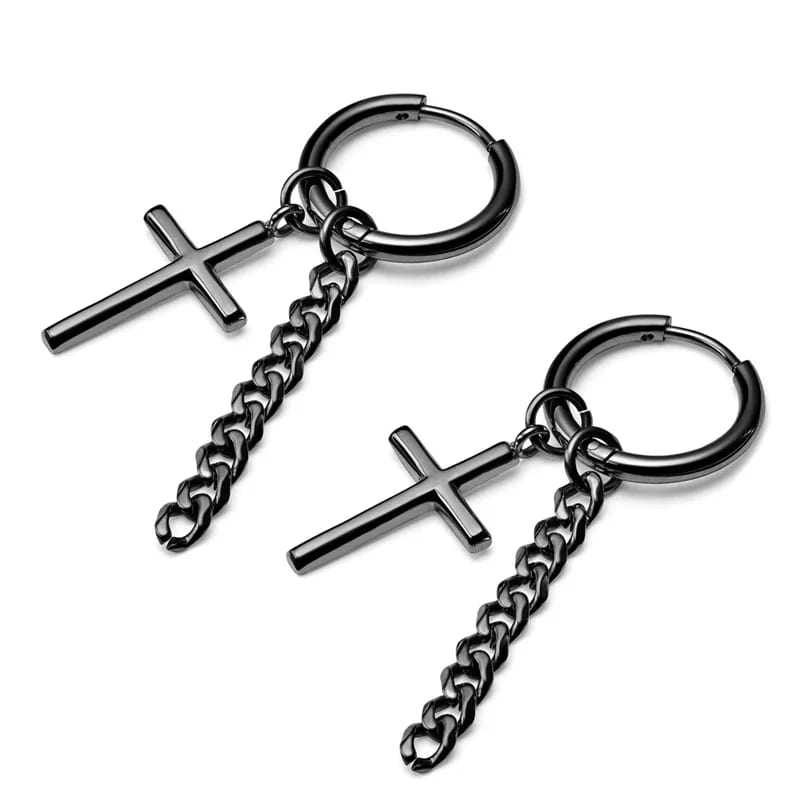 Arete Hombre Fashion Personalized Mans Earrings Black Stainless Steel Cross & Chain Hoop Earrings For Men Hoop Earrings