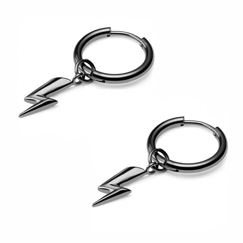 Wholesale Fashion Hip Hop Men Black Stainless Steel Lightning Bolt Dangle Drop Hoop Earrings Jewelry Hoop Earrings