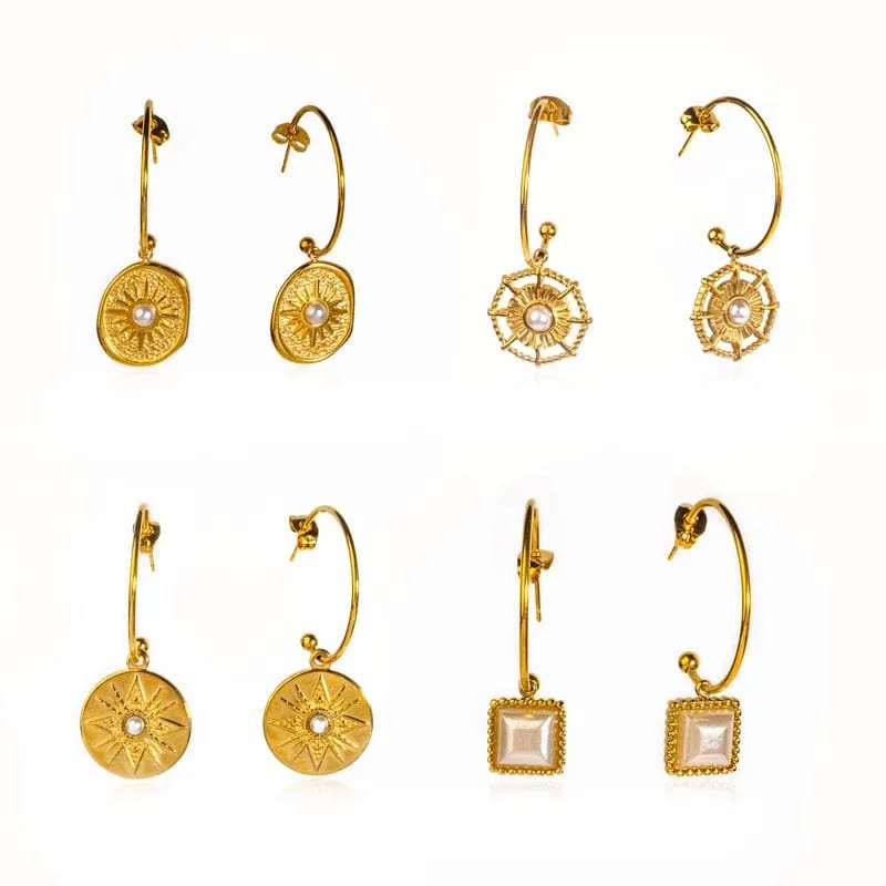 Custom Wholesale Latest Jewelry 18k Gold Plated Stainless Steel Bezel Pearl Design Charm C-hoop Earrings Hoop Earrings