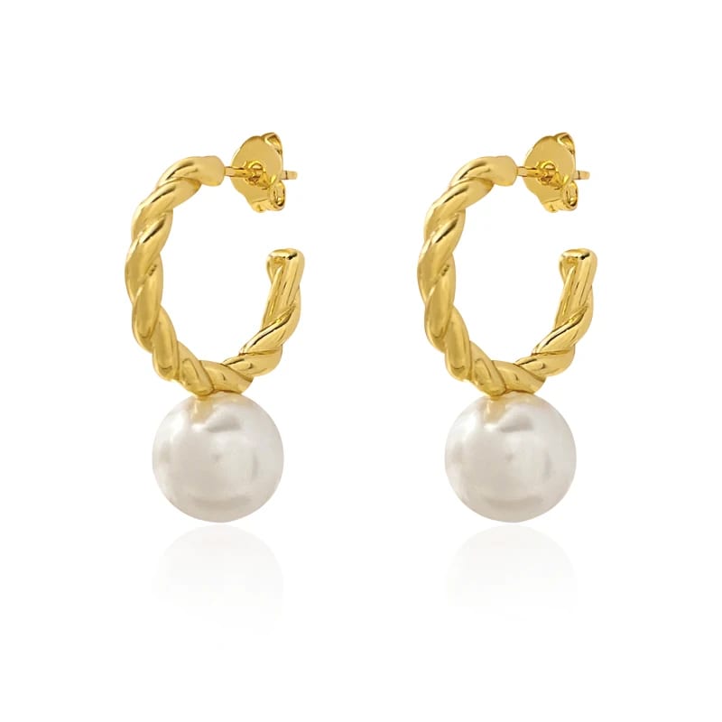New Trendy 18k Gold Plated Brass Hoop Jewelry White Pearl Twisted Hoop Earrings For Women Hoop Earrings