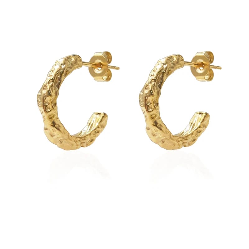 Non Tarnish Waterproof Jewelry 18k Gold Plated Stainless Steel Hammered Textured Hoop Earrings For Women Hoop Earrings