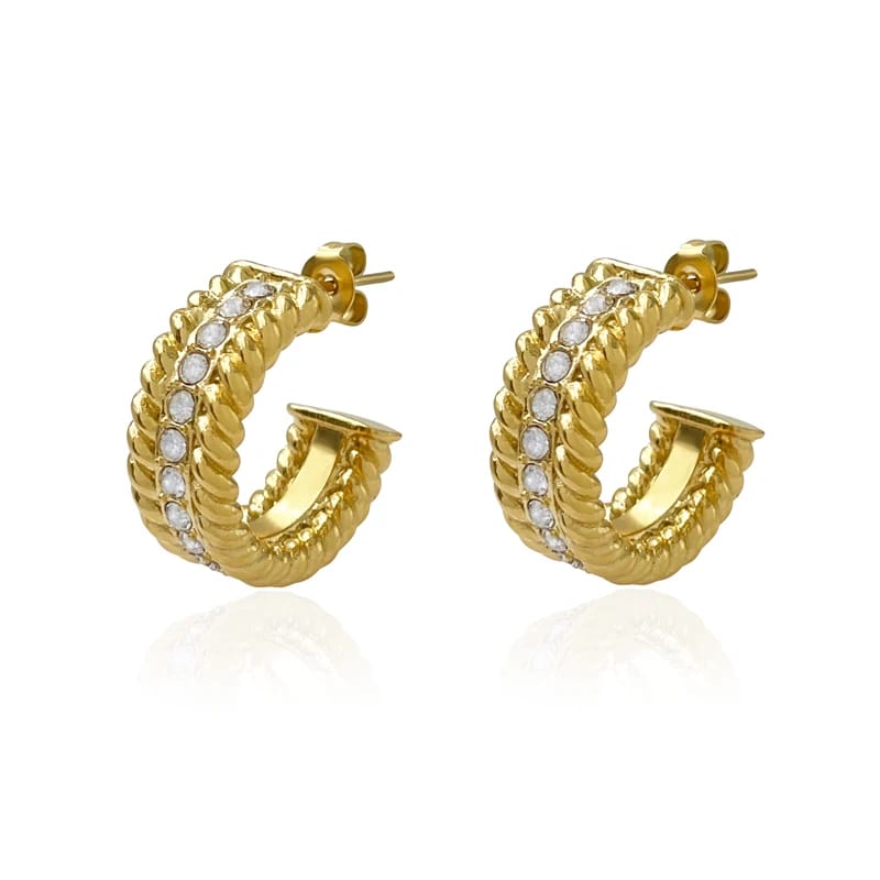 New 18k Pvd Gold Plated Waterproof Jewelry Stainless Steel Crystal Twisted C Shape Hoop Earrings Hoop Earrings