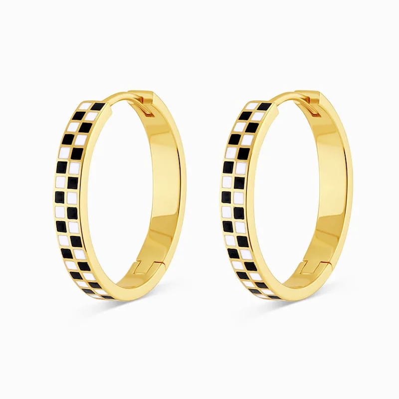High Quality 18k Gold Plated Enamel Black And White Checkered Chunky Hoops Earrings Hoop Earrings