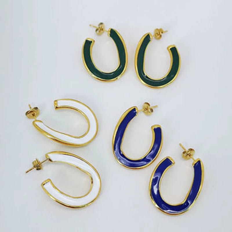 Fashionable Brass 18k Real Gold Plated U Shape Green Enamel Hoop Earrings Jewelry For Women Hoop Earrings