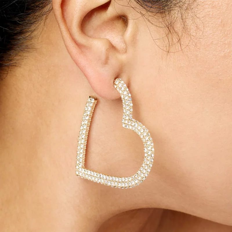 New Fashion Jewelry Women 18k Gold Plated Rhinestone Crystal Heart Hoop Earrings Shiny Diamond Heart Earrings Hoop Earrings