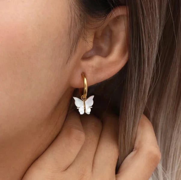 SXS JEWELRY Fashions Shiny Brass Butterfly Shape Pear Shell Clip Earrings With Gold Hoop Hoop Earrings