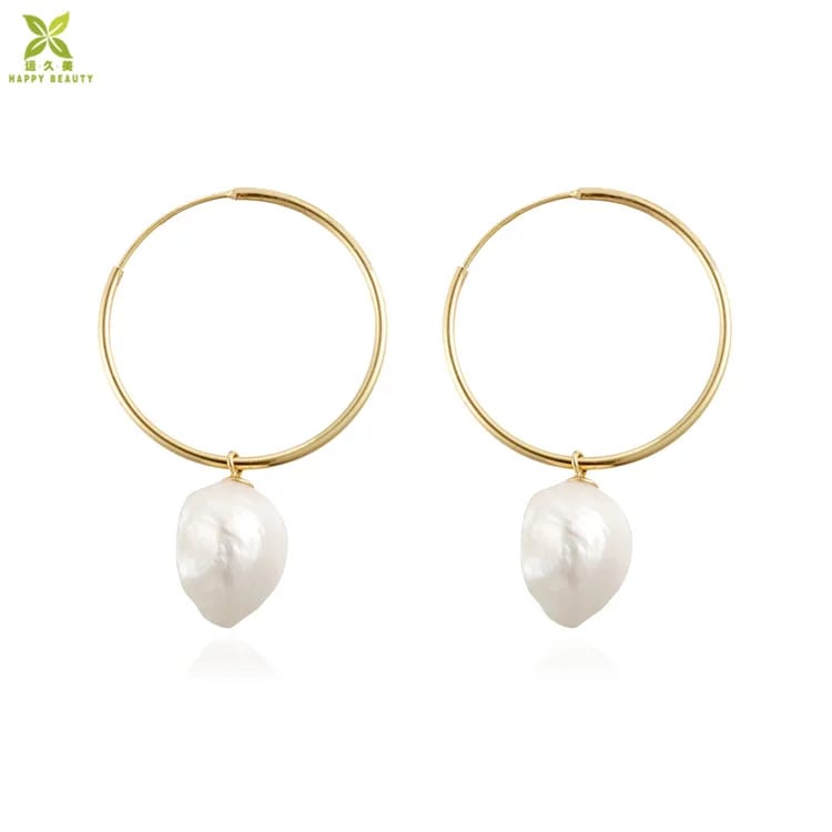 Wholesale Brass Material Real Gold Plated Drop Baroque Pearl Hoop Earrings Jewelry For Lady Hoop Earrings