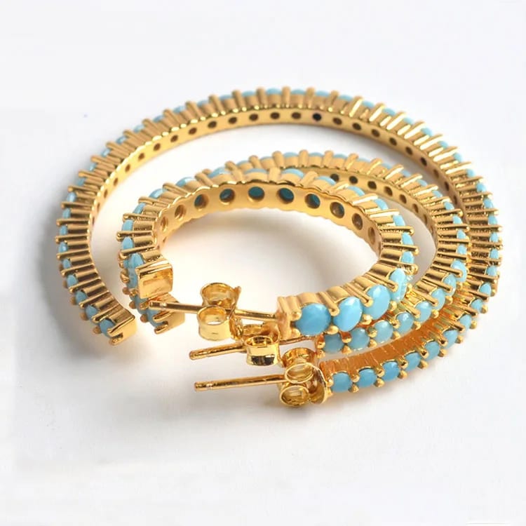 Fashion Gold Plated Real Natural Turquoise Hoop Earrings Hoop Earrings