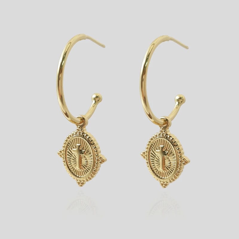 Wholesaler Hypoallergenic Statement Cross Hoop Earrings High Polish 18k Gold Plated Jewelry Hoop Earrings
