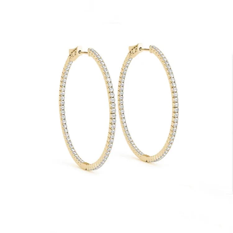 Large Hoop Earring Diamond Inside Out Hoop Earrings With Zirconia In 14k Yellow Gold Hoop Earrings