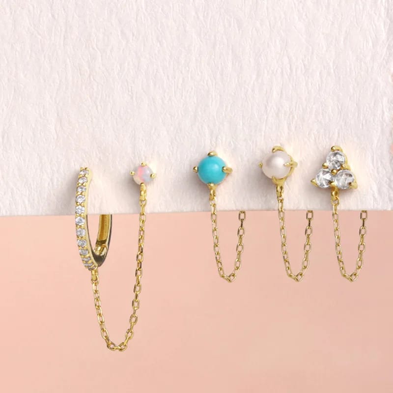 Simple Fashion 925 Sterling Silver Inlay Zircon Pearl Turquoise Opal 18k Gold Chain Huggie Earrings Huggie Earrings