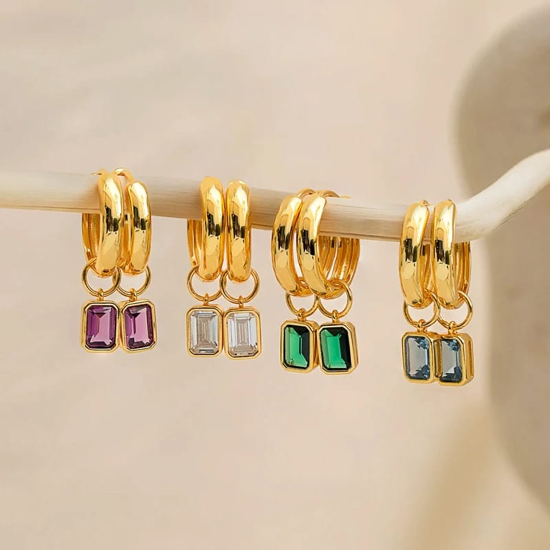 Trend Gold Plated 18k 925 Sterling Silver Elegant Dangling Statement Rainbow Gemstone Hoop Charm Earrings For Women Huggie Earrings
