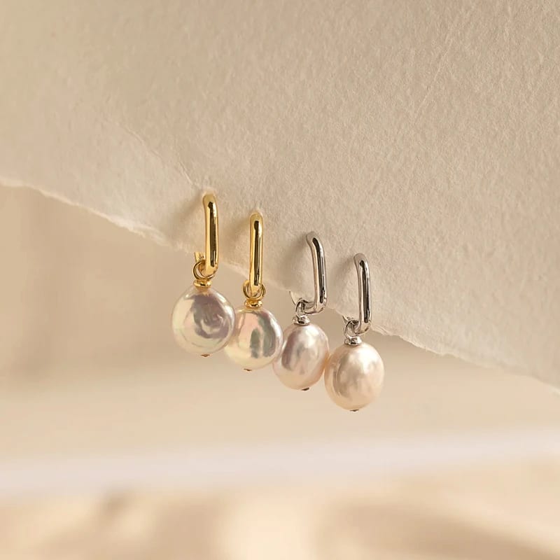 Fashion Classic Customized 18k Gold Plated Rectangle Hoops Natural Freshwater Pearl Huggie Drop Hoop Earrings For Women Huggie Earrings