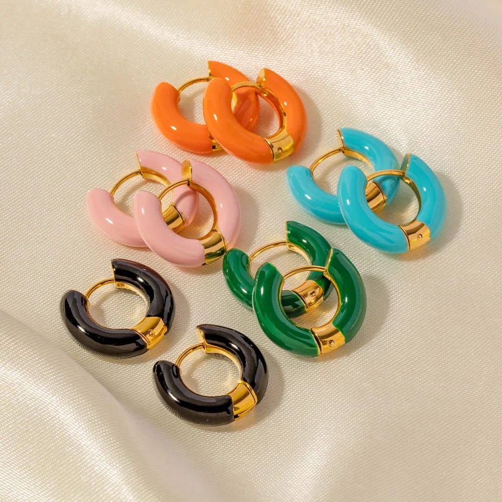 Waterproof Tarnish Free Hypoallergenic Jewelry 18k Gold Plated Stainless Steel Colorful Enamel Small Huggie Hoop Earrings Huggie Earrings