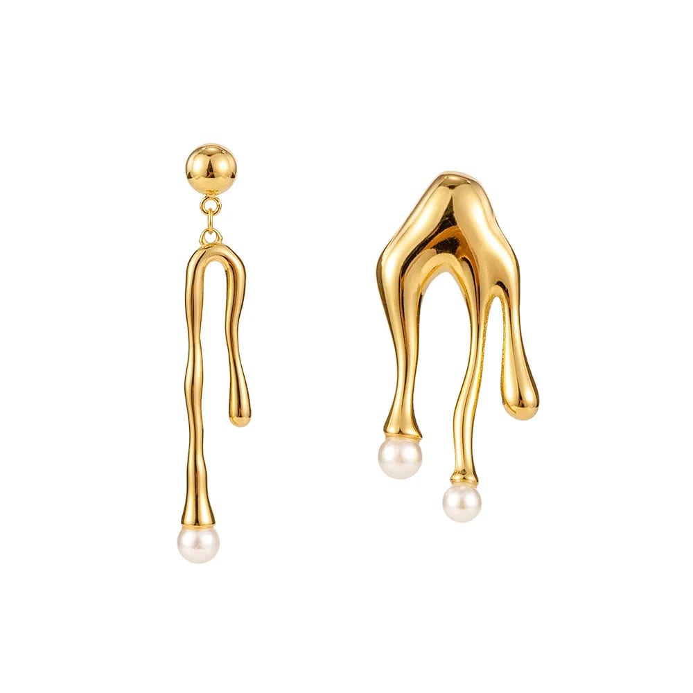 Metal Texture Stainless Steel Pearl Liquid Earrings Minimalist Jewelry Non Tarnish 18k Gold Drop Earrings For Women Drop Earrings