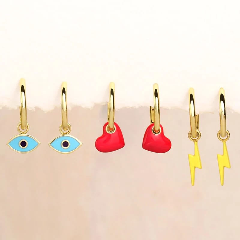 925 Sterling Silver 18k Gold Plated Colorful Enamel Evil’s Eye Heart Lightning Bolt Drop Huggie Women Earrings Huggie Earrings