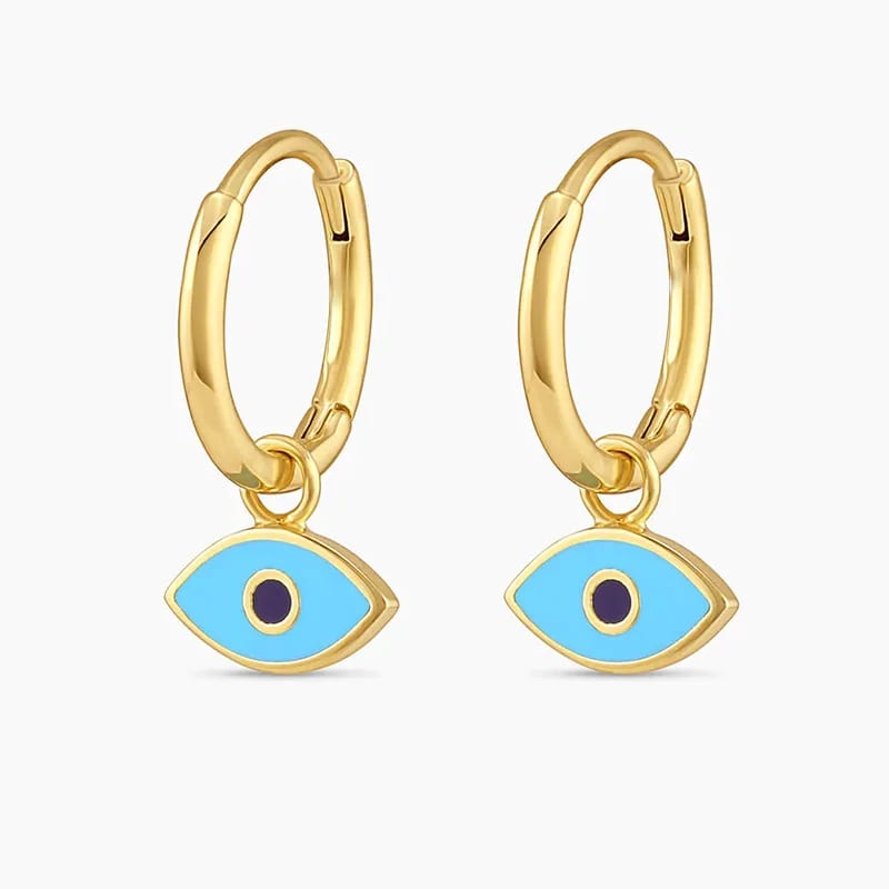 Women 925 Sterling Silver Jewelry 18k Gold Plated Blue Evils Eye Charms Huggie Earrings Drop Earrings