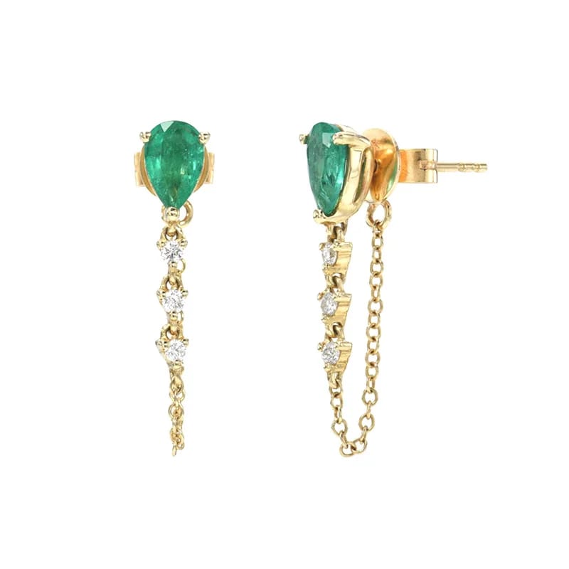 Fashion Dainty 18k Gold 925 Sterling Silver Emerald Pear Diamond Drop Chain Stud Earring Drop Earrings