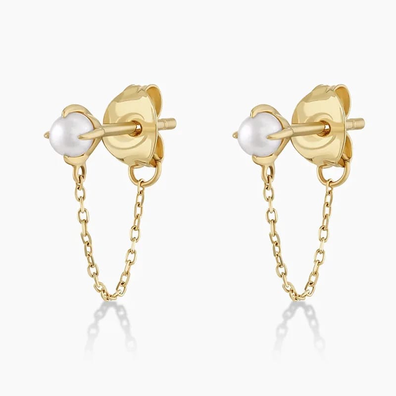 New Arrived 18k Gold Plate 925 Sterling Silver White Freshwater Pearls With Drop Chain Huggie Hoop Earrings Jewelry Huggie Earrings