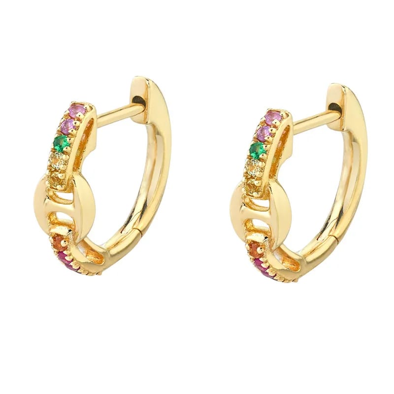Fashion Fine 925 Silver Jewelry Colorful Zircon Rainbow Small Anchor Link Hoop Earrings Huggie Earrings