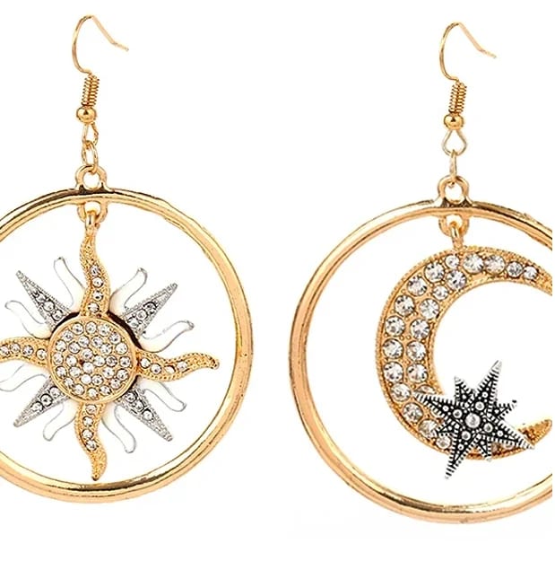 Fashion Mens Gold Plated Diamond Sun And Moon Star Chandelier Earrings Jewelry Drop Earrings