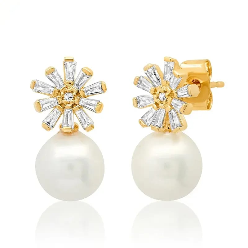 Diamond Earring 18k Gold Plated Cz Flower Freshwater Pearl Drop Earrings New Drop Earrings