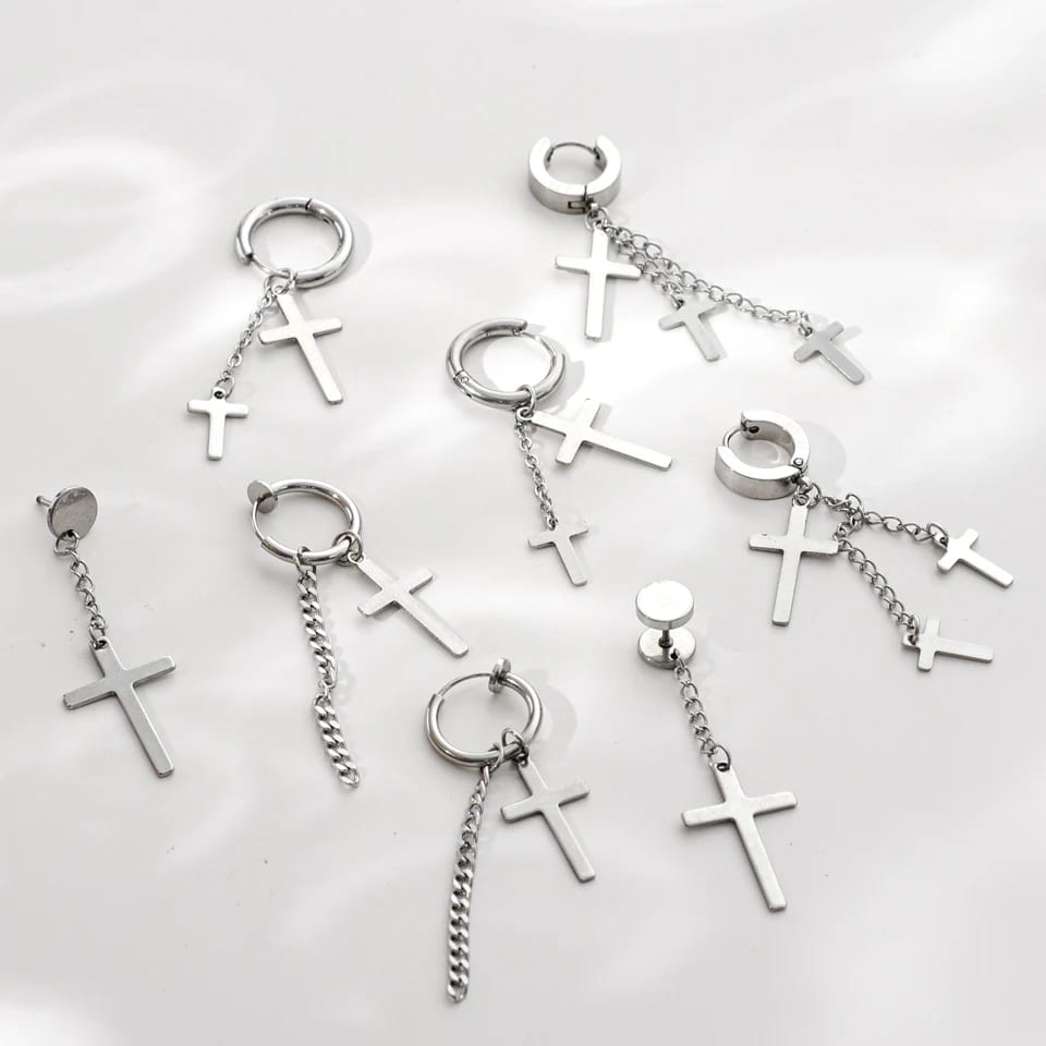 Hot Selling Fashion Stainless Steel Cross Drop Dangle Earring Long Chain Cross Tassel Earrings For Men Hip Hop Jewelry Drop Earrings