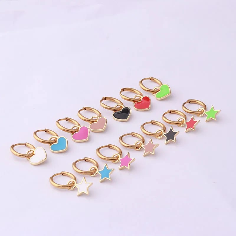 Cute Stainless Steel Huggie Earrings Candy Color Enamel Heart Star Pendant Earrings Huggie Earrings