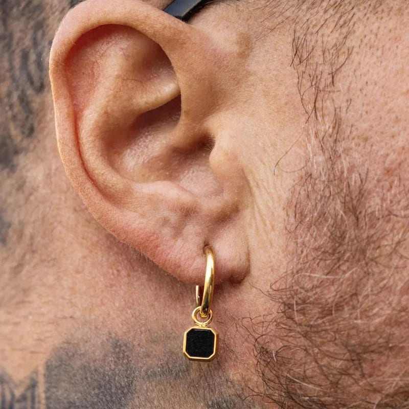 Mens Earrings 18k Gold Black Onyx Gemstone Dangle Earrings Gold Hoops Men Earrings Jewellery Drop Earrings