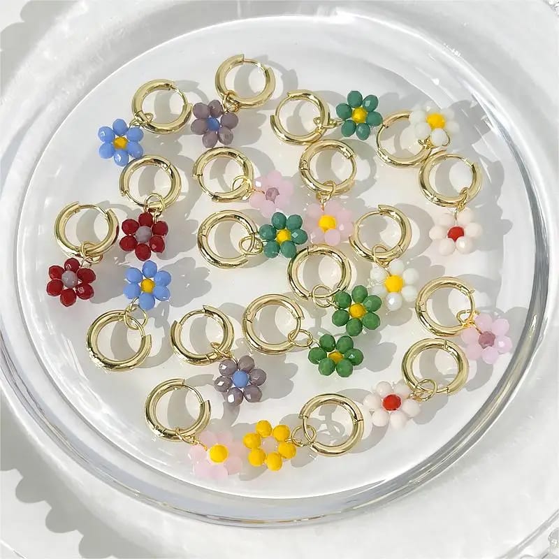 Trendy Stainless Steel Gold Plated Huggie Earrings Colorful Glass Flower Earrings Huggie Earrings