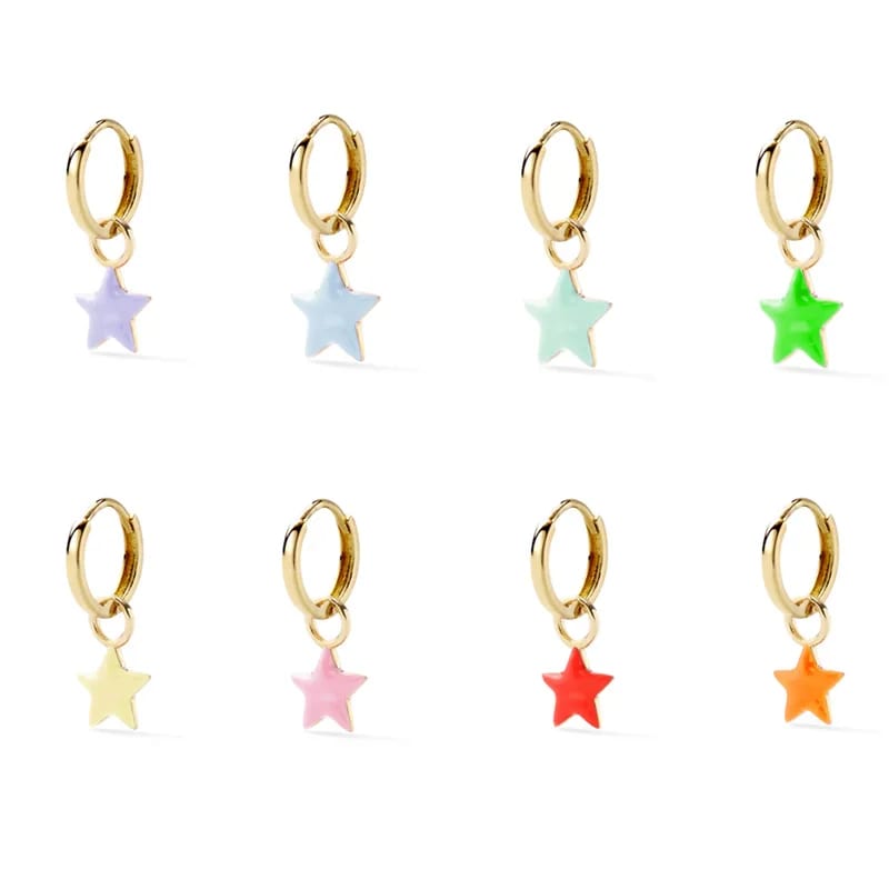 Women 925 Sterling Silver 18k Gold Plated Multicolor Enamel Star Dangle Huggie Hoop Earrings Huggie Earrings