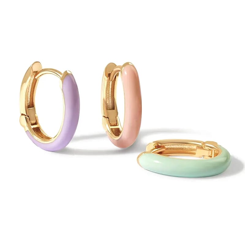Wholesale 925 Sterling Silver Medium Streamer 18k Gold Plated Multi Color Enamel Hoop Earrings Jewelry Huggie Earrings