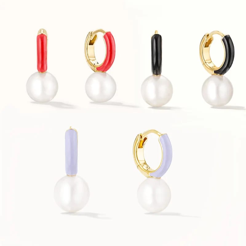 Women New Dainty 18k Gold 925 Sterling Silver Small Hoop Pearl Enamel Reversible Huggie Hoops Earrings Huggie Earrings