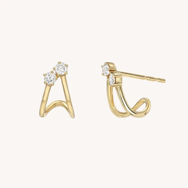 New Arrival Trendy 925 Sterling Silver 14k Gold Plated Diamond Zirconia Duo Half Huggie Earrings For Women Huggie Earrings