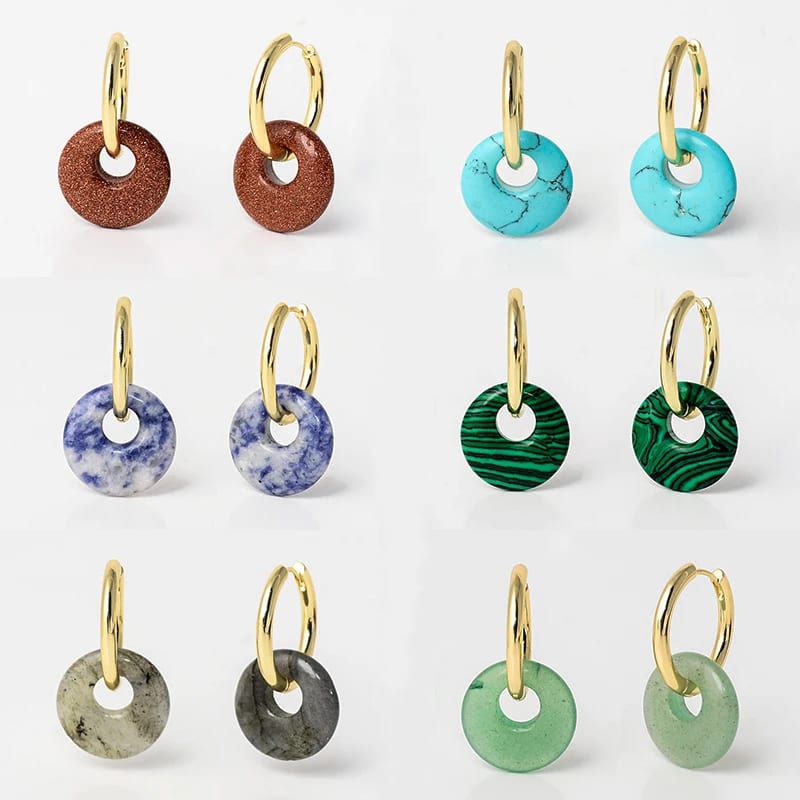 New Arrival Fashion Women Jewelry 18k Gold Plated Jewelry Natural Stone Charm Drop Doughnut Donut Huggie Hoop Earrings Drop Earrings
