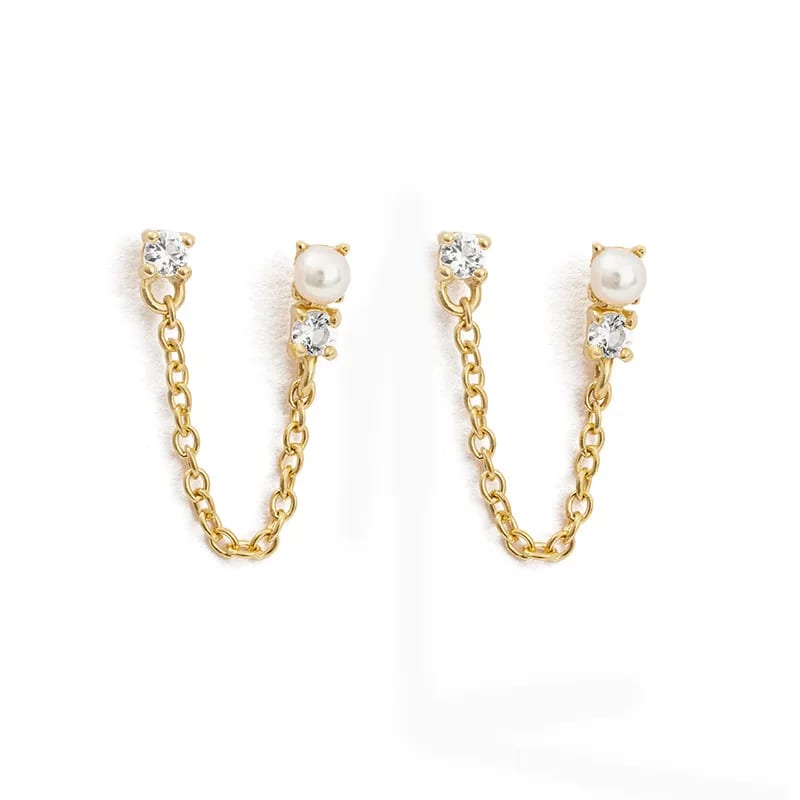 Trendy Simple Women Jewelry 18k Gold Plated 925 Sterling Silver Cz And Freshwater Pearl Double Stud Earrings Drop Earrings