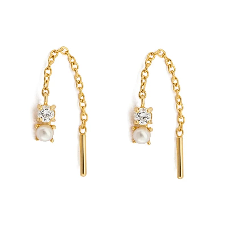 Fashion Dainty Jewelry 18k Gold Plated Freshwater Pearl Cz Chain Threader Earrings For Women Drop Earrings