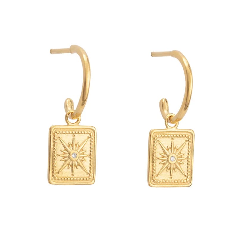 Wholesale Custom Jewelry 925 Sterling Silver 18k Gold Plated Rectangle Compass True North Star Drop Hoop Earrings For Women Drop Earrings