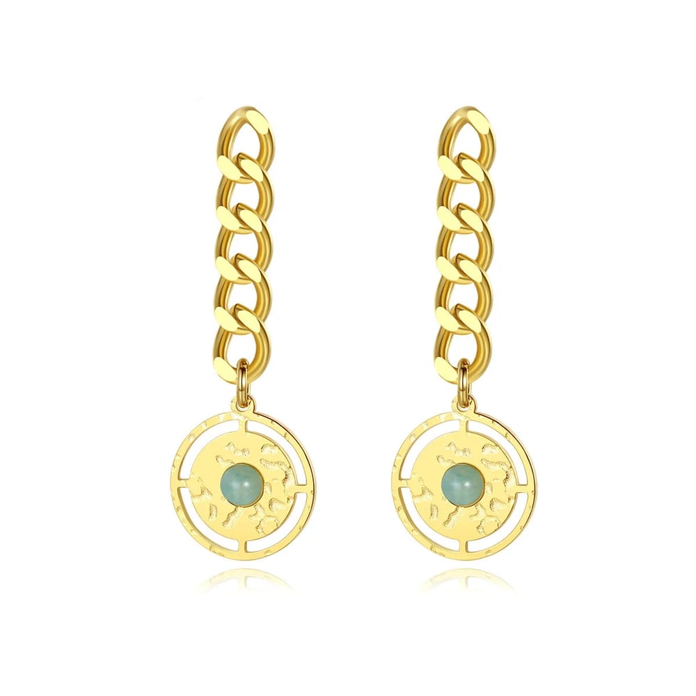 Vintage Natural Stone Stainless Steel Real Gold Plated Sun Hammered Pattern Drop Earrings Men Women Drop Earrings