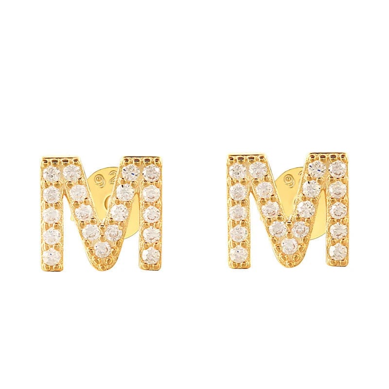 Best Selling Jewelry Real Gold Plated 925 Sterling Silver Custom Initial Letter A-z White Zircon Stud Earrings For Girls Earring