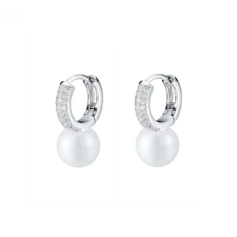 Fashion Sterling Silver Pave Diamond Huggie Hoop Earrings With Pearl Huggie Earrings