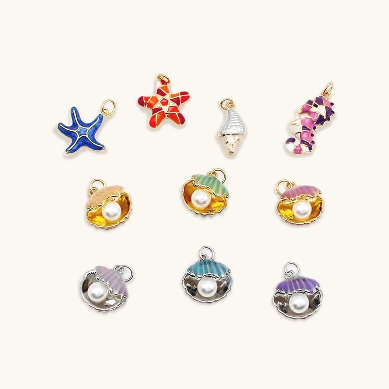 Wholesale 18k Gold Plated Enamel Ocean Life Shell Scallop Starfish Seahorse Charms Pendant Necklace Bracelet Diy Accessories Openwork Beads&Charms